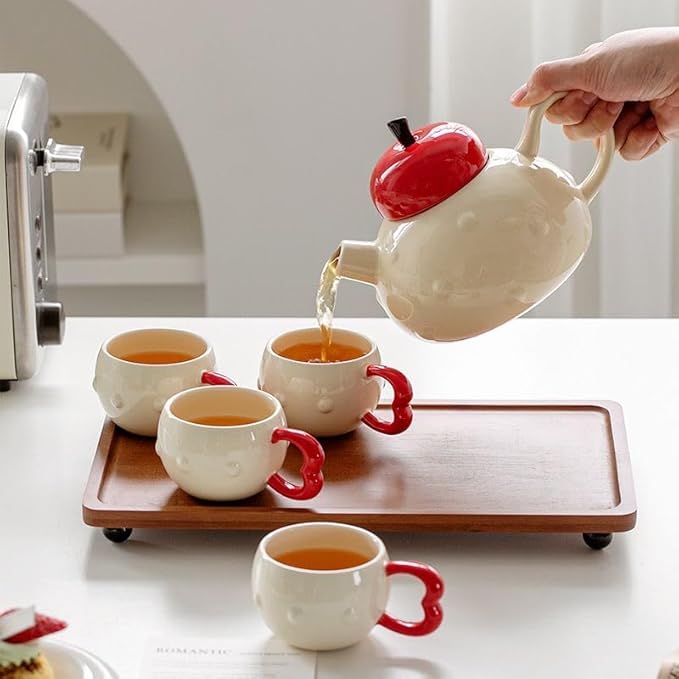 Apple-themed Modern Tea Set, 1 Teapot (28.7oz), 4 Teacups and 1 Tea Tray, Porcelain Tea Set for Adults, Cute Tea Set for Women Tea Party, Gift Package