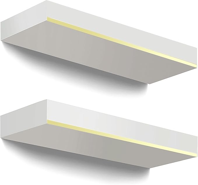 Thicked 1.78 inch Pine Wood White and Gold Shelves With Thicked 1/5 Inch Heavy Duty Bracket,16 ×6.5 Inch Gold Floating Shelves With Stainless Steel Trim Strip,White Gold Shelves for Wall set of 2