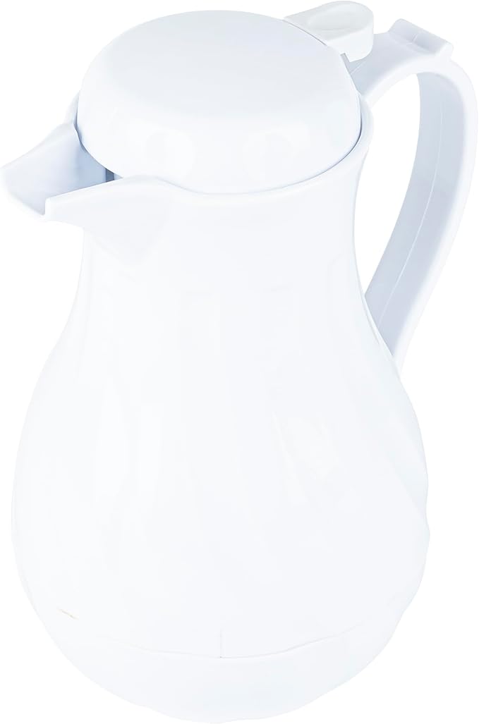 Restaurantware-Restpresso 42 Ounce Coffee Carafe, 1 Insulated Coffee Server - Push-Button Top, Swirl Design, White Plastic Pitcher, Built-In Handle, With Identification Tags