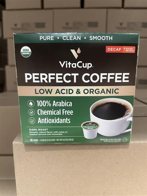VitaCup Organic Perfect Dark Roast Decaf Coffee Pod for Pure & Clean Energy, Antioxidants, Low Acid, Peru Single Origin in Recyclable Single Serve Pod compatible w/Keurig K-Cup Brewers,16CT