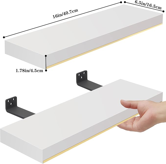 Thicked 1.78 inch Pine Wood White and Gold Shelves With Thicked 1/5 Inch Heavy Duty Bracket,16 ×6.5 Inch Gold Floating Shelves With Stainless Steel Trim Strip,White Gold Shelves for Wall set of 2