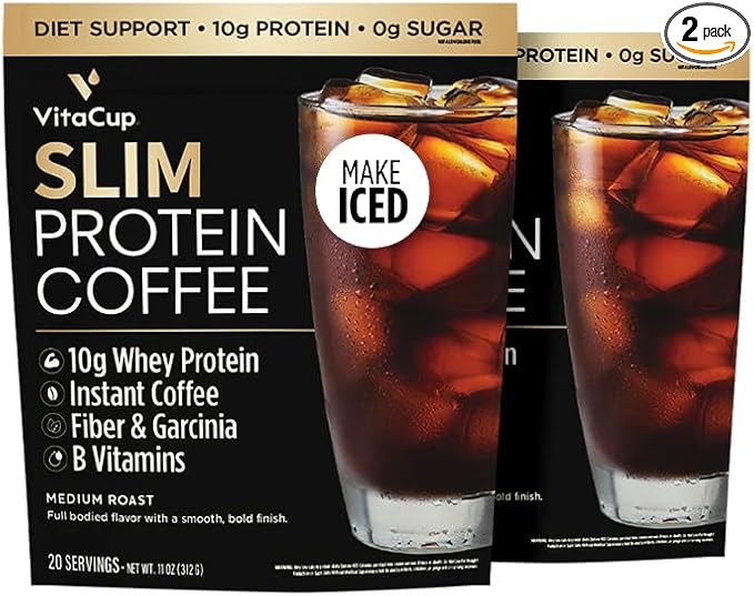 VitaCup Slim Protein Coffee Shake for Diet Support, Instant Coffee w/Whey Protein Powder, B Vitamins & Fiber, Dietitian Developed for Performance & Taste, Make as Iced Coffee or Shake, 2 Bags