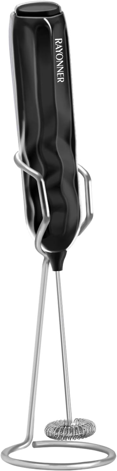 RAYONNER Milk Frother Handheld Fast Powerful Drink Mixer with Stainless Steel Whisk for Coffee, Battery Operated (Black with Stand)