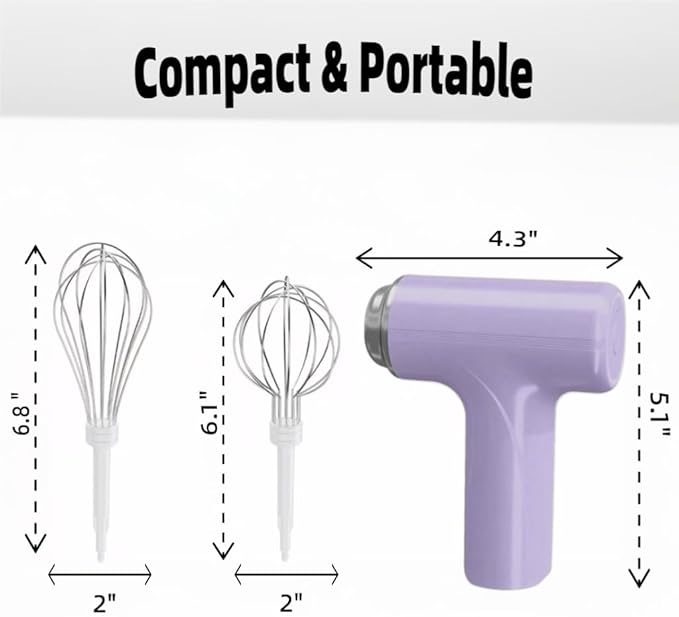 Cordless Hand Mixer, One Touch Off Handheld Electric Whisk with 3 Speed Modes, Hand Held Egg Beater with 2 Detachable Stir Whisks (Purple）