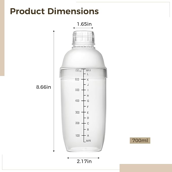 12 Pcs Plastic Cocktail Shakers, 700 ml/23.7 oz Drink Mixers with Scales & Strainers, Bar Mixing Tools, Mix Drinks for Bars, Restaurants, Tea Shops, and Home Use (700 cc/ 24 oz)
