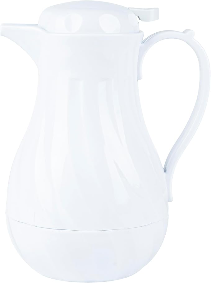Restaurantware-Restpresso 42 Ounce Coffee Carafe, 1 Insulated Coffee Server - Push-Button Top, Swirl Design, White Plastic Pitcher, Built-In Handle, With Identification Tags