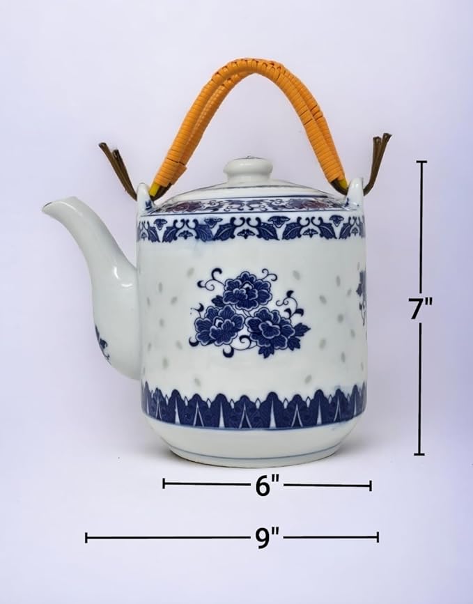 Large Teapot Blue and White Porcelain 64 OZ