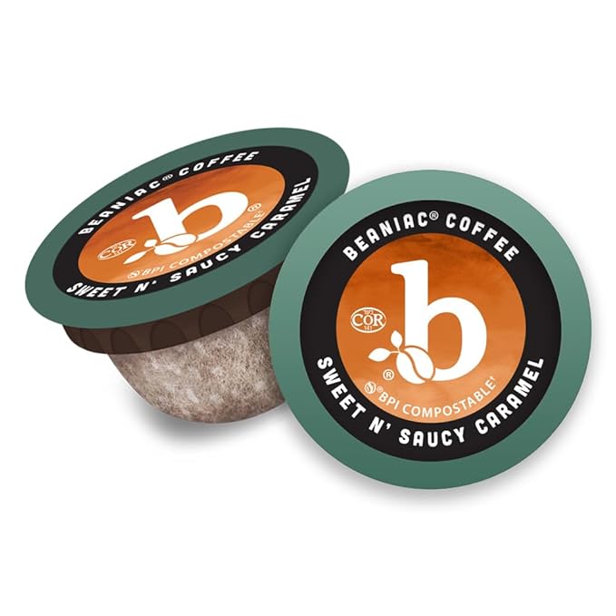 beaniac Sweet n' Saucy Caramel, Flavored Light Roast, Single Serve Compostable K Cup Coffee Pods, Arabica Coffee with Natural Flavors, Keurig Brewer Compatible, 30 Count