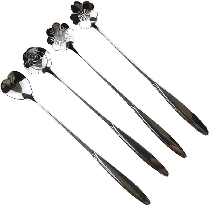 Stainless Steel Creative Long Handle Spoon Set - Mixing, Tea, Cake, Sugar, Dessert, Ice Cream, Cocktail Stirring, Coffee, Milkshake, Cold Drink - 4 Pieces