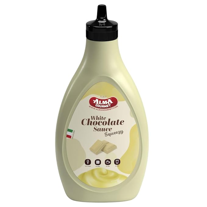 Alma Gourmet White Chocolate Topping Sauce Imported From Italy - Sweet Creamy White Chocolate Topping Ideal For Ice Cream, Waffles, Pancakes, Crepes, Pastries, Cakes, Overnight Oats, Drinks & Lattes - Convenient Squeeze Bottle - 17.6oz (500g)