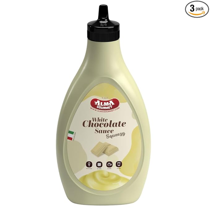 Alma Gourmet White Chocolate Topping Sauce Imported From Italy - Sweet Creamy White Chocolate Topping Ideal For Ice Cream, Waffles, Pancakes, Crepes, Pastries, Cakes, Overnight Oats, Drinks & Lattes - Convenient Squeeze Bottle - 17.6oz (500g) - Pack of 3
