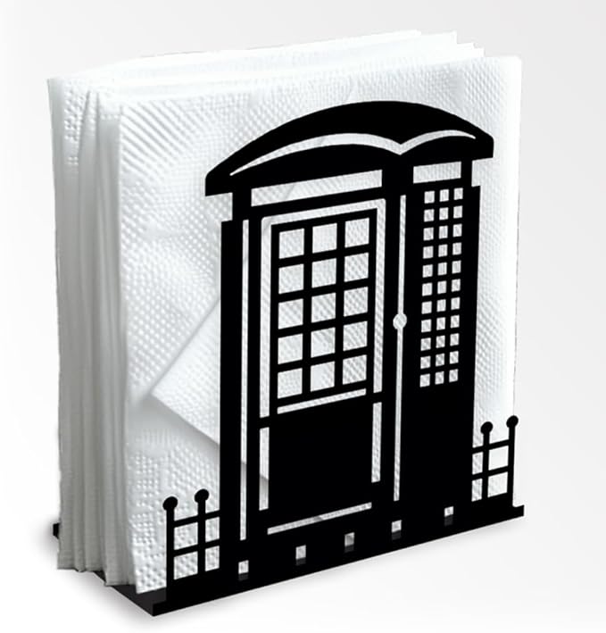 Telephone Booth Decorative Black Metal Napkin Holder for Table, 4.9" x 5.3" x 1.9" Phone Booth Standing Napkin Holder for Home Kitchen Restaurant Picnic Party Coffee Bar Dining Room