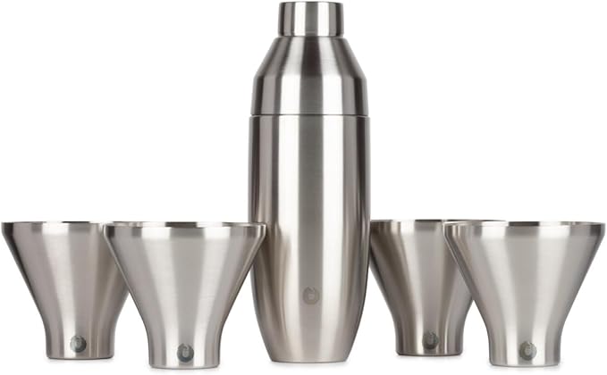 Snowfox Premium Vacuum Insulated Stainless Steel 22oz Cocktail Shaker and 4 Martini Glass Set, Home Bar Accessories, Elegant Drink Mixer, Leak, Proof Lid With Jigger & Built, In Strainer