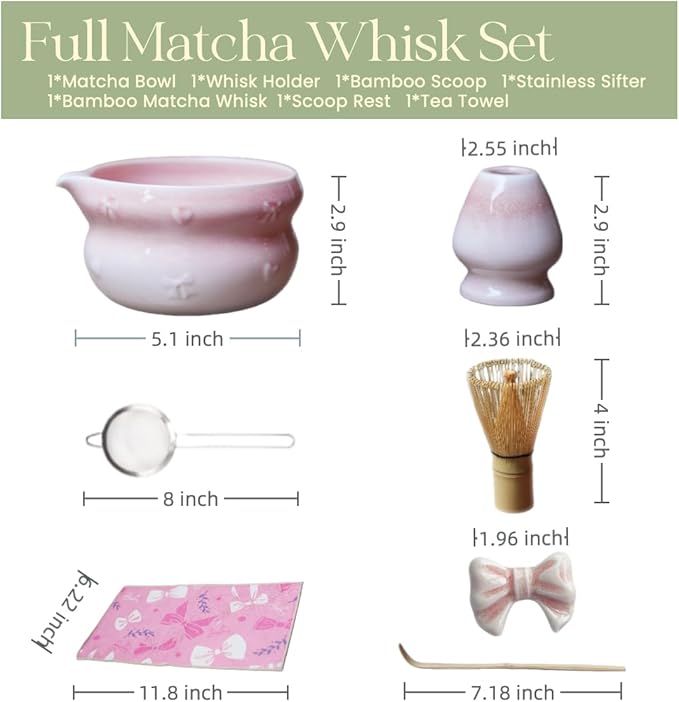 7pcs soft pink matcha whisk set with cute bow and heart motif - complete matcha kit set includes bamboo whisk, bowl, stand, scoop, sifter, towel -ideal gift for women and Japanese tea ceremony