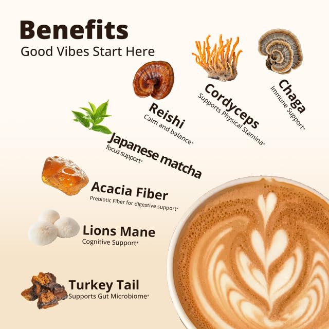 Mushroom Coffee 2800mg – Organic Instant Arabica with Adaptogenic Mushrooms, Prebiotic Acacia Fiber 6400mg, Matcha, L-theanine for Focus, Energy, Digestion & Immune Support (30 servings)