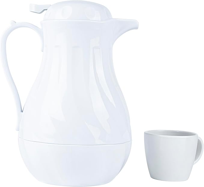 Restaurantware-Restpresso 64 Ounce Coffee Carafe, 1 Insulated Coffee Server - Push-Button Top, Swirl Design, White Plastic Pitcher, Built-In Handle, With Identification Tags
