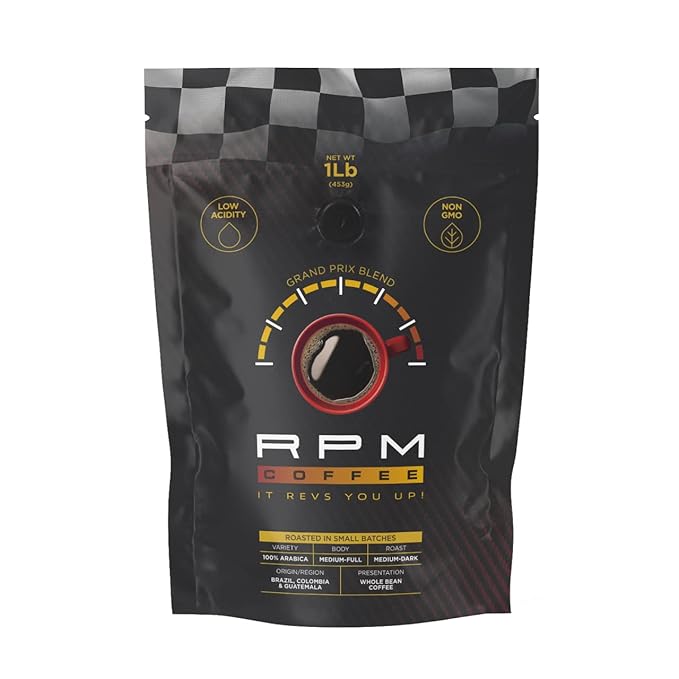 1LB RPM Grand Prix Premium Coffee, Standard Caffeine - Supercharged Flavor, Medium-Dark Roast, 100% Arabica Beans, Low Acidity