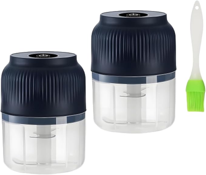 Electric Garlic Chopper, 300ml Mini Portable Veggie Cutter, Dicer with 4 Stainless Steel Blades, One-Touch Operation for Garlic, Onion, Nuts, Easy to Clean, Dishwasher Safe (2*Blue)