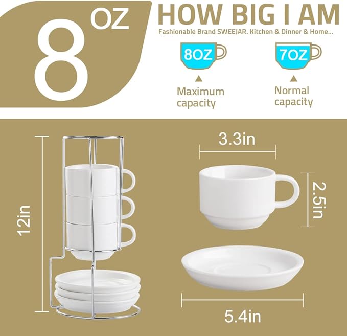 Sweejar Porcelain Cappuccino Cups with Saucers and Metal Stand, 8 Ounce Stackable Espresso Cups for Specialty Coffee Drinks, Latte, Americano, Tea - Set of 4 (Turquoise)