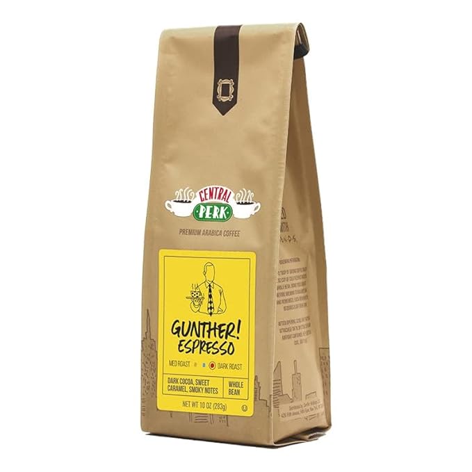 Central Perk Whole Bean Coffee "Gunther Espresso" Blend - Dark Roast, 100% Arabica Coffee Beans with Dark Cocoa, Sweet Caramel, Smoky, Full Body Flavors, 10oz Bag