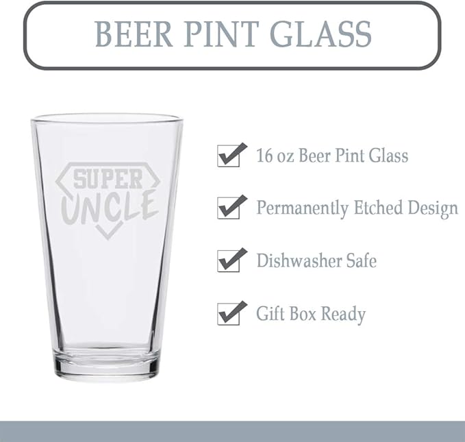 Veracco Super Uncle Funny Birthday Gift Fathers Day For Dad Grandpa Stepdad Pint Beer Glass (Clear)
