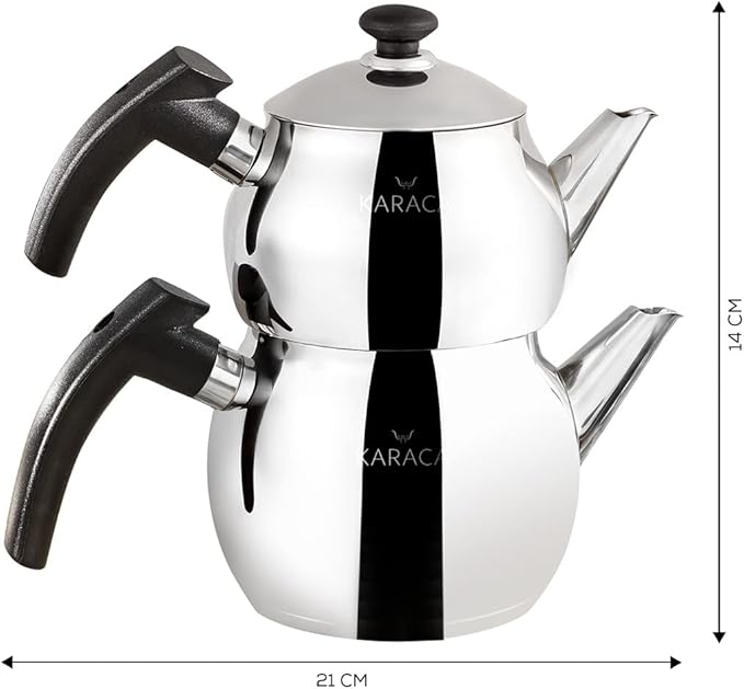 KARACA Adelya Teapot Set, 1.1Ltr, Stainless Steel, Black, Turkish, Induction Compatible, Dishwasher Safe, 2-Year Guarantee