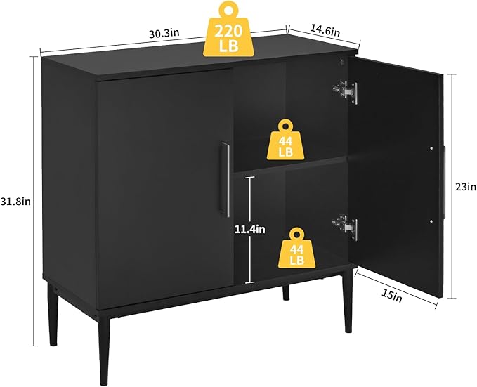 2-Door Storage Cabinet, Sideboard Buffet Kitchen Cabinet, Modern Stylish Accent Furniture for Dining Room, Bedroom, Hallway, Living Room, Coffee Bar, Corner, Black