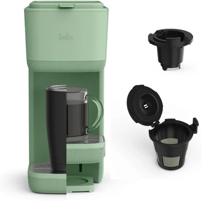 Single-Serve Bella Coffee Maker – Compact 6oz–14oz Brewer for Ground Coffee or Pods, One-Touch Operation, Adjustable Drip Tray, 35oz Water Tank, Travel Mug Friendly, Dishwasher-Safe Parts (Seaglass)