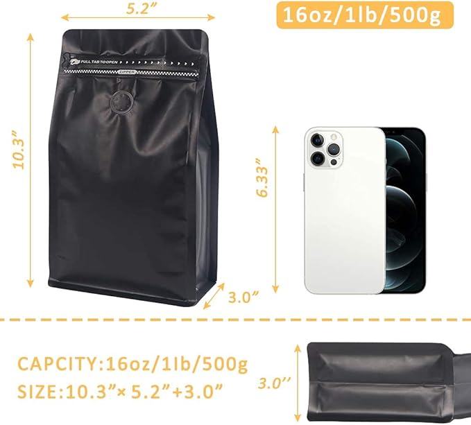 REMTAP Coffee Bags with Valve(50 pcs,16 oz/1 lb) Black High Barrier Aluminum Foil Flat Bottom Standing Empty Coffee Beans Storage Bag,Reusable Heat Sealable Side Zipper Pouches for Home or Store