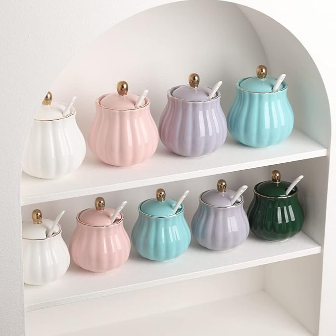 Sweejar Royal Ceramic Sugar Bowl, 12 Ounce Sugar Container with Spoon and Lid, Porcelain Salt Bowl Salt Container, Sugar Holder for Coffee Bar, Home and Kitchen(White)