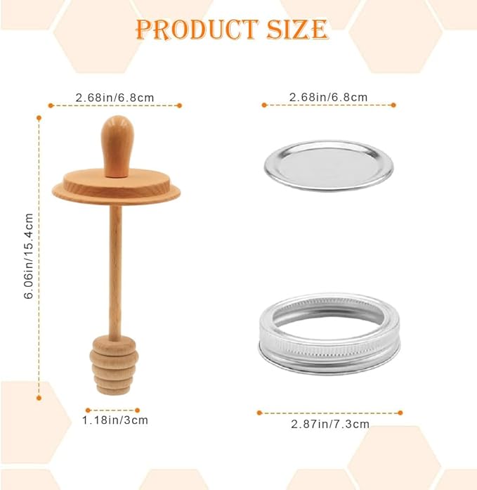 Sun3drucker Wooden Mason Jar Honey Dipper with Lids Set - Honey Dipper Wooden Stick for Regular Mouth Mason Jars, Honey Spoon Honeycomb Lids for Regular Mouth 16 oz Mason, Ball Jars