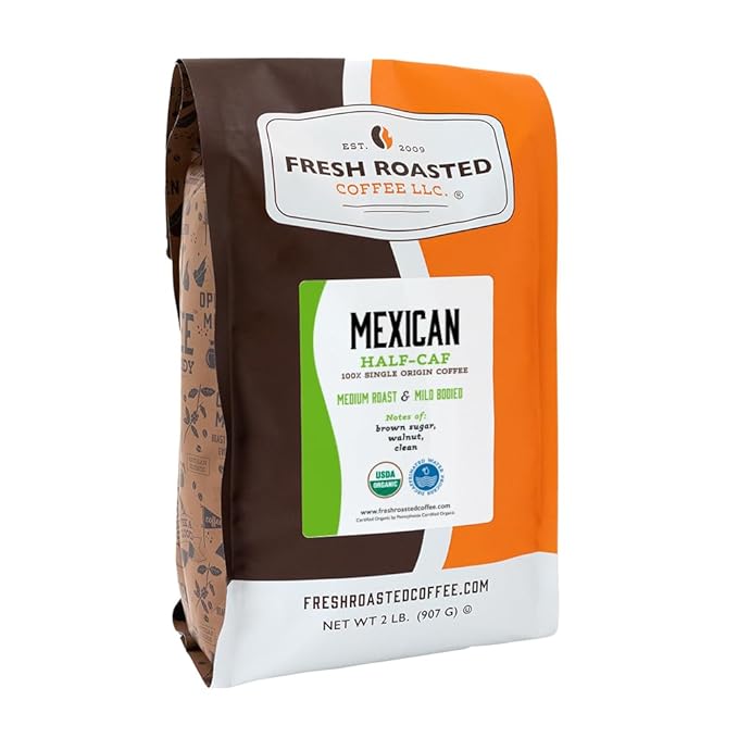 Fresh Roasted Coffee, Organic Mexican Water-Processed Half-Caf | USDA Organic, Kosher | Medium Roast 2 lb (32 oz) Whole Bean