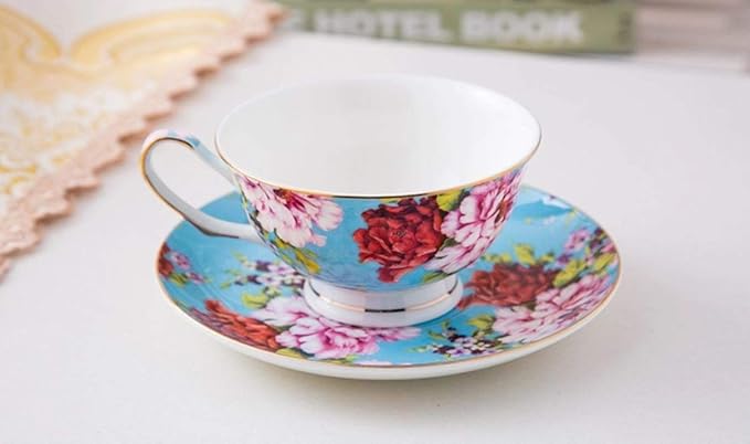 BTaT- Floral Tea Cups and Saucers Set of 4 (7 oz), Porcelain Tea Cup Sets, Assorted Colors with Gold Trim & Gift Box, Dishwasher & Freezer Safe