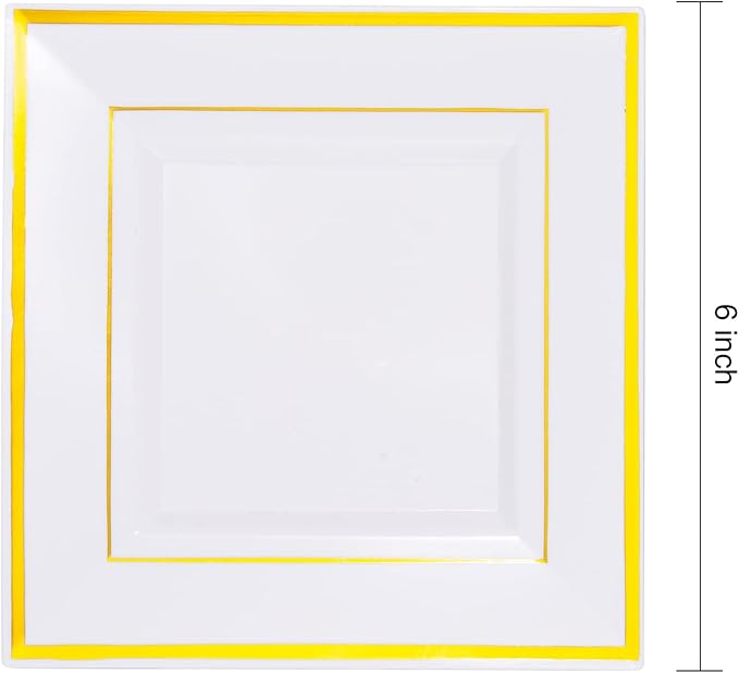 bUCLA 100PCS Gold Square Plastic Plates - 6inch Disposable Dessert/Cake Plates - Premium Hard Square Small Appetizer Plates for Wedding&Party