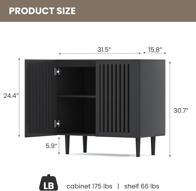 CHUWELL Farmhouse Storage Cabinet, 31.5" Buffet Cabinet with 2 Doors and Adjustable Shelf, Sideboard Coffee Bar with Solid Wood Feet for Kitchen,Dining Room,Living Room,Black
