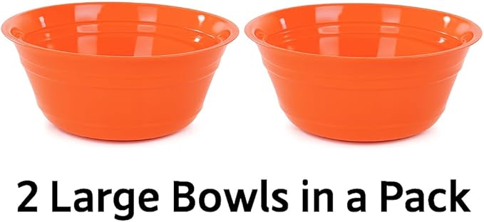 Mintra Home Plastic Bowls (4L Large 2pk, Orange) -10.75W x 4.5inH - large orange plastic bowl for popcorn, snacks, drinks, candy, Halloween, trick or treat bowls - 2 Pack