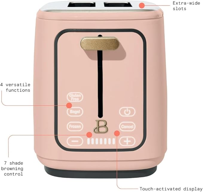 Beautiful by Drew Barrymore 2-Slice Toaster, Touch-Activated Display, 7 Shade Settings, Bagel/Frozen/Reheat Presets. (Rose)