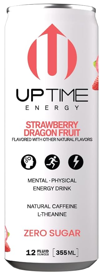 UPTIME Energy Drink, Strawberry Dragon Fruit Sparkling, 12 Pack, L Theanine, Calcium, Zero Sugar Energy Drinks for Focus Support, 142mg Natural Caffeine, 0 Calories, Natural, 12 fl oz Cans