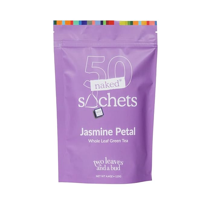 Two Leaves and a Bud Jasmine - 50 Naked Tea Sachets, Whole Leaf Green Tea in Eco-Friendly Unwrapped Compostable Sachets, Resealable Bag, 50 Count (Pack of 1)