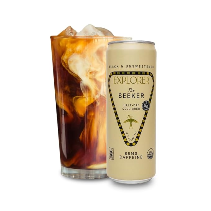 Explorer Seeker Ready-to-Drink Organic Cold Brew Coffee, with 65 mg of Caffeine per Serving, Black, Unsweetened, and Fair Trade, 12 fl oz (Pack of 12)