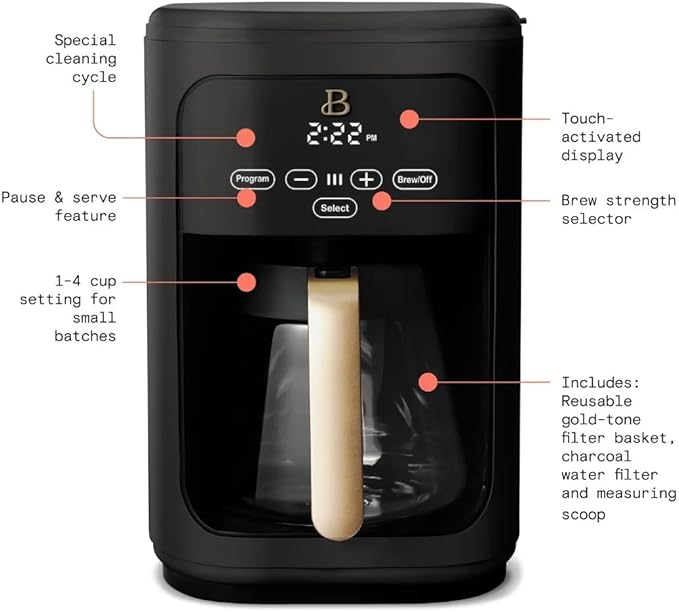 Beautiful 14-Cup Programmable Drip Coffee Maker with Touch Display - Automatic Coffee Machine with Timer for Home & Office - by Drew Barrymore (Black Sesame)