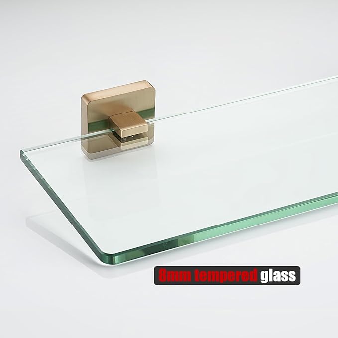 JQK Bathroom Glass Shelf, Floating Tempered Glass Shower Storage 16 by 5 inches, 304 Stainless Steel Champagne Bronze Wall Mount, TGS201L16-CB