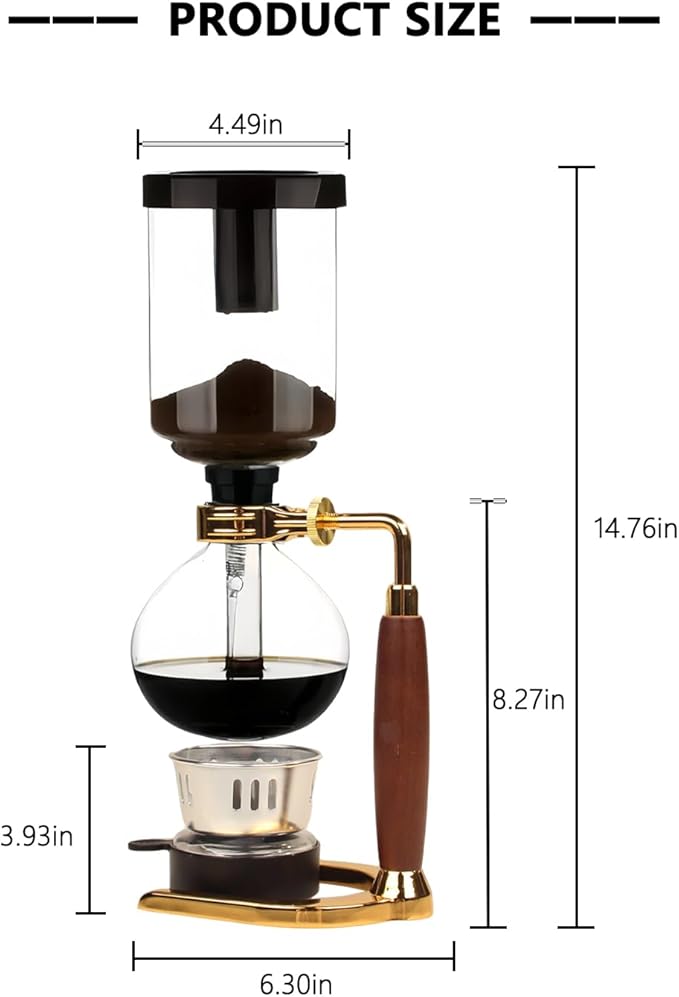 Siphon coffee machine, Vacuum coffee maker, Japanese siphon coffee maker, Manual coffee brewer, Coffee maker for camping (Wood Color & Gold Base, 5 Cups(600ml))
