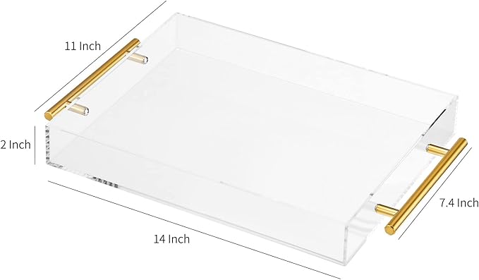 Clear Acrylic Lucite Serving Tray with Metal Handles,No Need to Assemble,11x14 Inch,Decorative Storage Organizer with Spill-Proof Design,Serving for Coffee,Breakfast,Dinner and More