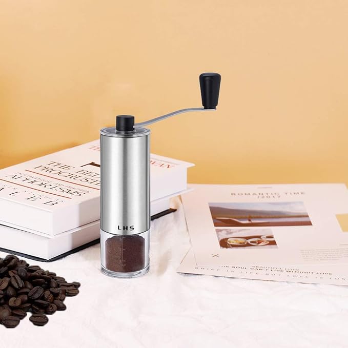 LHS Manual Coffee Grinder with Ceramic Conical Burr Stainless Steel Hand Crank Mill for Drip Coffee, Espresso, French Press, Turkish Brew