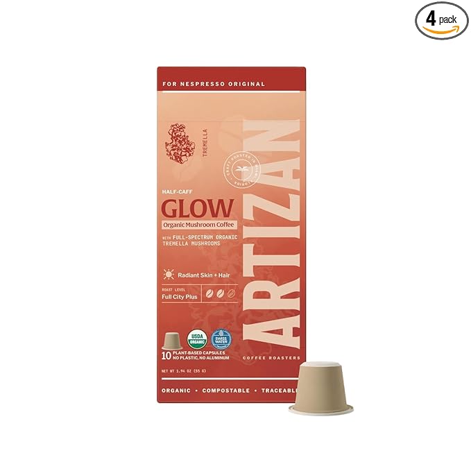 Artizan Organic Tremella Mushroom Coffee Pods for Nespresso Original Line | Half-Caff | Radiant Skin + Hair | 40 Compostable Espresso Capsules