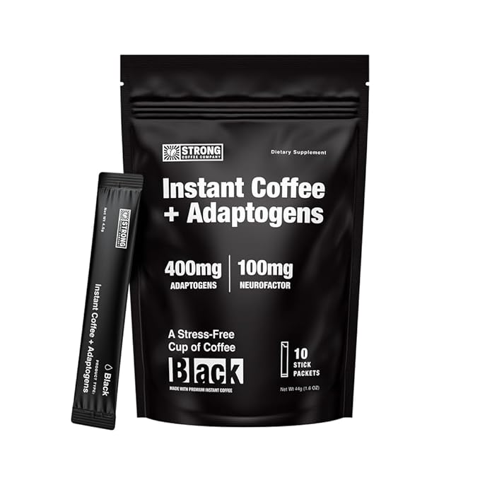 Strong Coffee Co. Instant Black Coffee - Adaptogens Organic Coffee with Ashwagandha, Reishi, MCT Oil, & L-theanine. No Jitters, No Crash (1, 10 Packets)