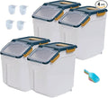 YXQ 25LB Large Flour Storage Container Bin,4 Pack Airtight Plastic with Wheels Seal Locking Lid Dispenser Organizer Storage Bin with Measuring Cup & Scoop for Flour, Rice, Grain 100LBS Total