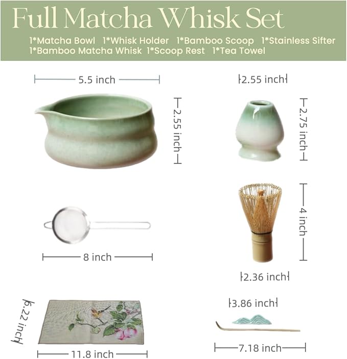 7pcs Moss Green Matcha Whisk Set with Cute 'Chubby Belly' Design - complete matcha kit set includes bamboo whisk, bowl, stand, scoop, sifter, towel -ideal gift for women and Japanese tea ceremony