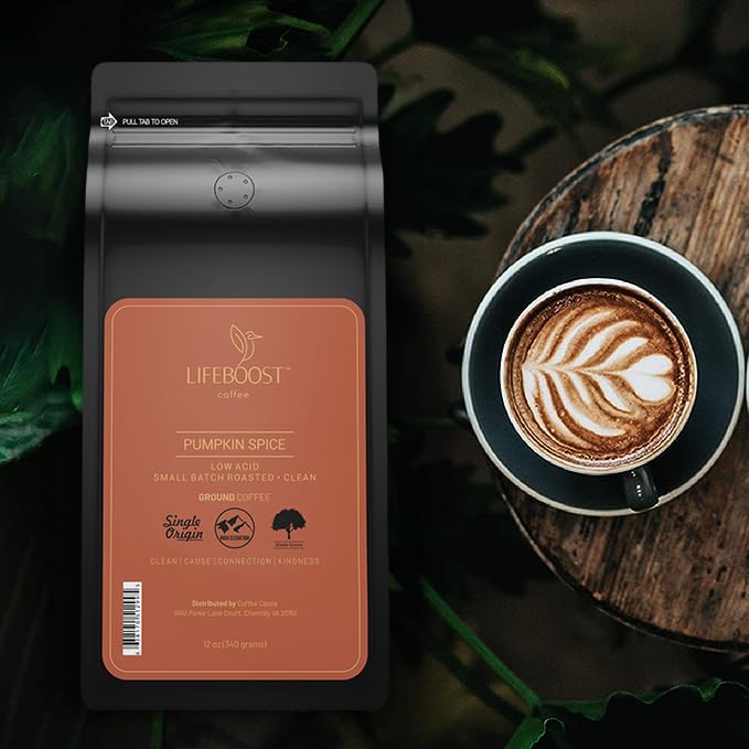 Lifeboost Pumpkin Spice Coffee Ground – Organic, Low Acid, Non-GMO, Single Origin Medium Roast – Mycotoxin-Free Cozy Flavored Fall Coffee, 12 oz